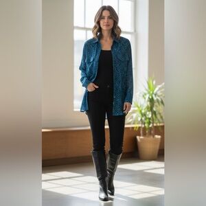 Soft Surroundings Vibrant Silk Blue and Black Vivi Patterned Top . Size Medium